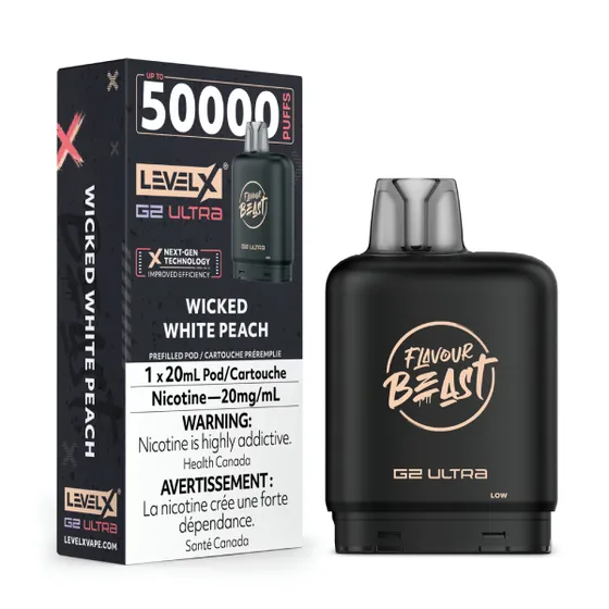 levelx g2 ultra flavourbeast pod mar2026 render fam 20mg wickedwhitepeach 3.webp